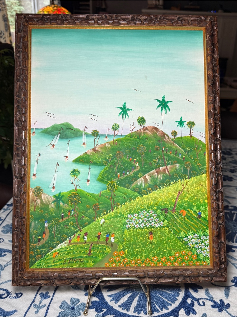 VTG JN Charles Signed Folk Art Painting Framed Original Haitian Landscape Tropic